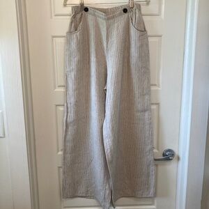 Vintage FLAX Jeanne Englehart 100% Linen Wide Leg Linen Pants Khaki Stripe Med